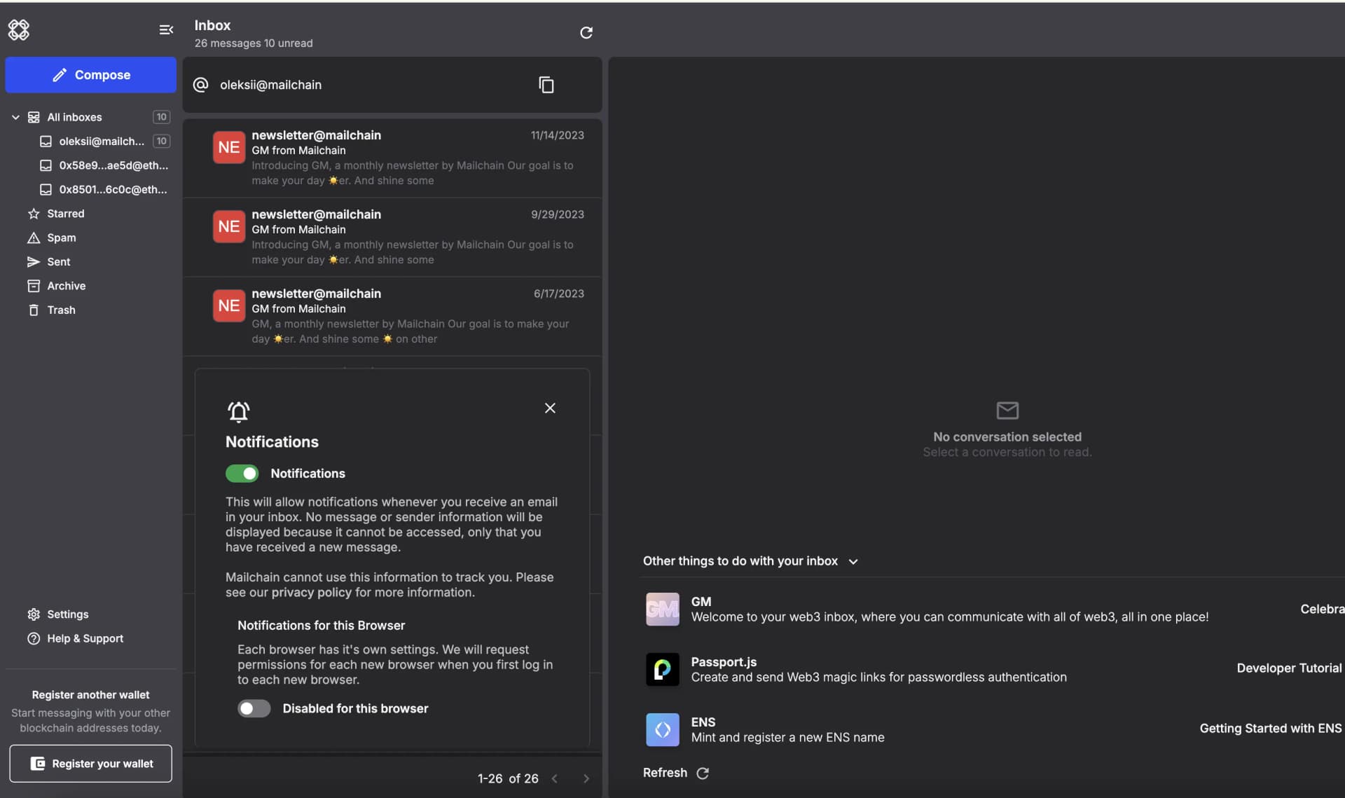 Screenshot of Mailchain project showing the interface Oleksii worked on